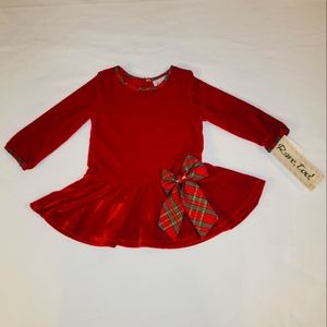 RARE, TOO! ♡ Precious Little Red Velvet Christmas Dress w/Plaid Trim 'n Bow 3-6M
